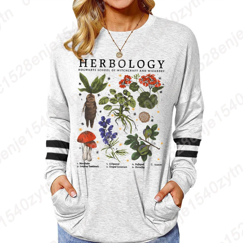 Women's Casual Long Sleeve Pocket T-Shirts Autumn Winter Pullover Herbology Plants Graphic Print Loose Sweatshirts Ladies Blouse