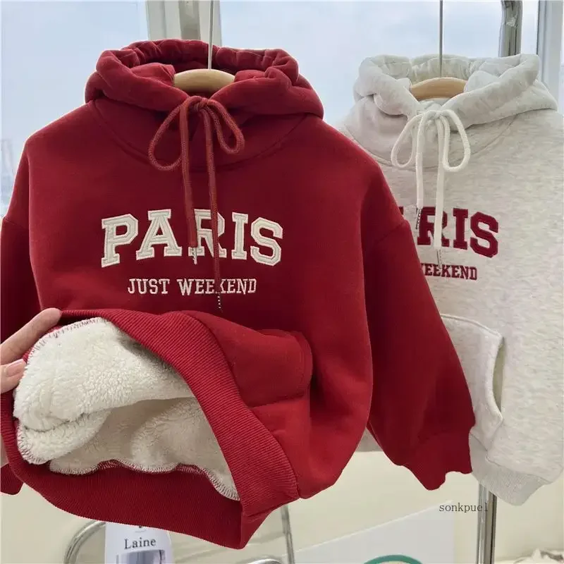 Winter Kids Fleece Thicken Hoodie Boys Long Sleeve Hooded Sweatshirts Young Children Clothing Autumn Girls Warm Letter Hoody