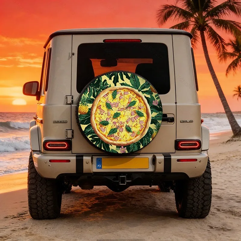 

Hawaiian Pizza Tire Cover Polyester Waterproof Dustproof Spare Wheel Protector for SUV
