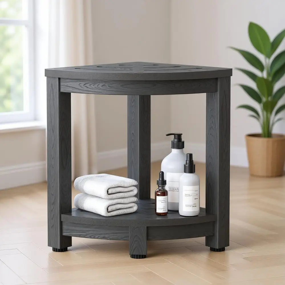 

Grey Shower Stool with Waterproof Caddy, 2-Tier Bath Bench for Bathroom, Living Room, Indoor or Outdoor Use