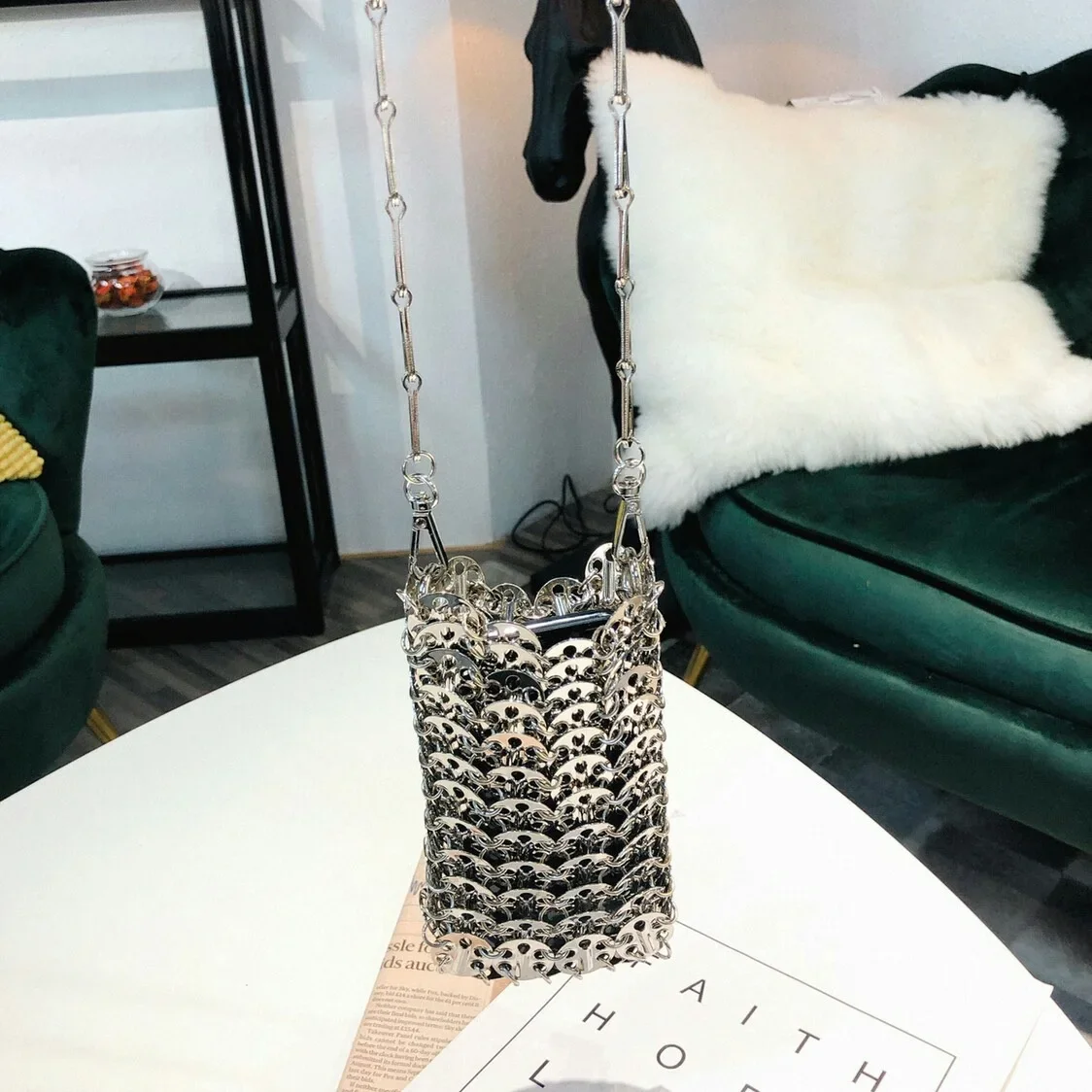 New Design Silver Gold Metal Sequins Chain Woven Bag Women Hollow Evening Bags Clutch Luxury Wedding Shoulder Crossbody Bag