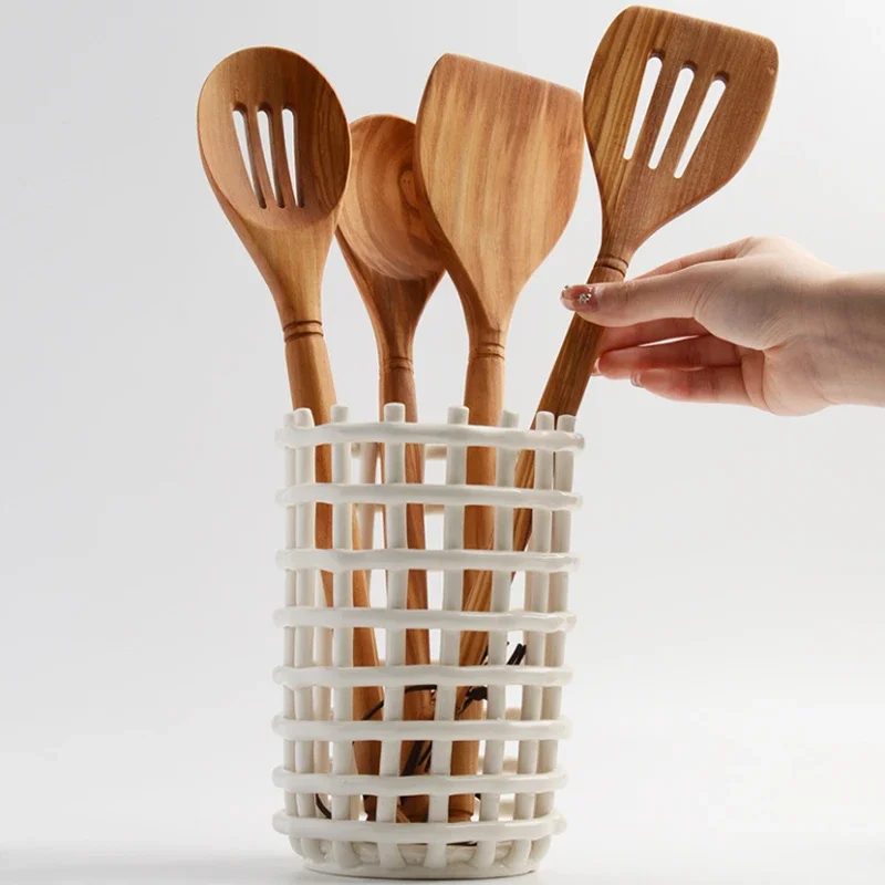 Ceramic Kitchen Utensil Holder Wooden Spoon & Spatula Crock for Countertop Ceramic Spoon Fork Drain Basket Spatula Storage Rack