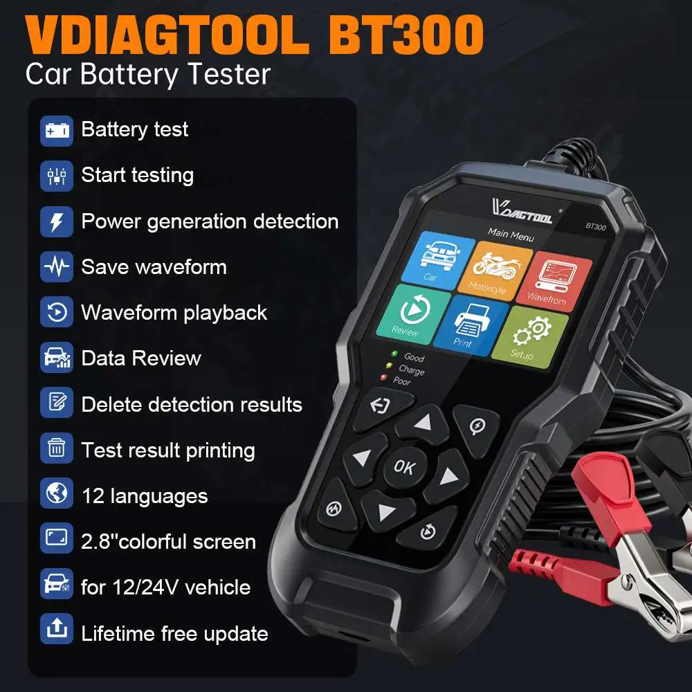 VDIAGTOOL BT300 Car Battery Tester 6V 12V Starter Alternator Tester Printable test results for Motorcycle Car Truck SUV ATV Boat