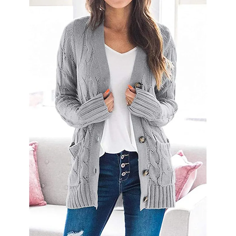 New in Women Sweater Coat Solid Color Long Sleeve Button Down Cable Knit Jacket with Pocket Loose Fit Cardigan Sweater for Lady