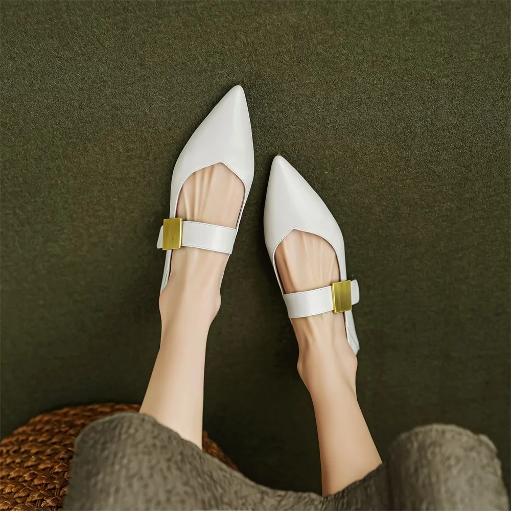 Taoffen Casual Women\'s Flat Shoes Genuine Leather Metal Decoration Pointed Toe Shoes Comfortable Slip On Footwear Office Pumps