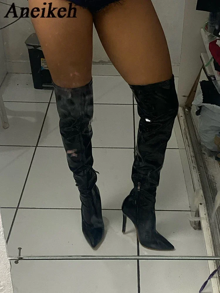 

Aneikeh Sexy Snake Print Patent Leather Pointed Toe Women Nightclub Stripper Over The Knee Boots Fashion Zip Stiletto Heels Shoe