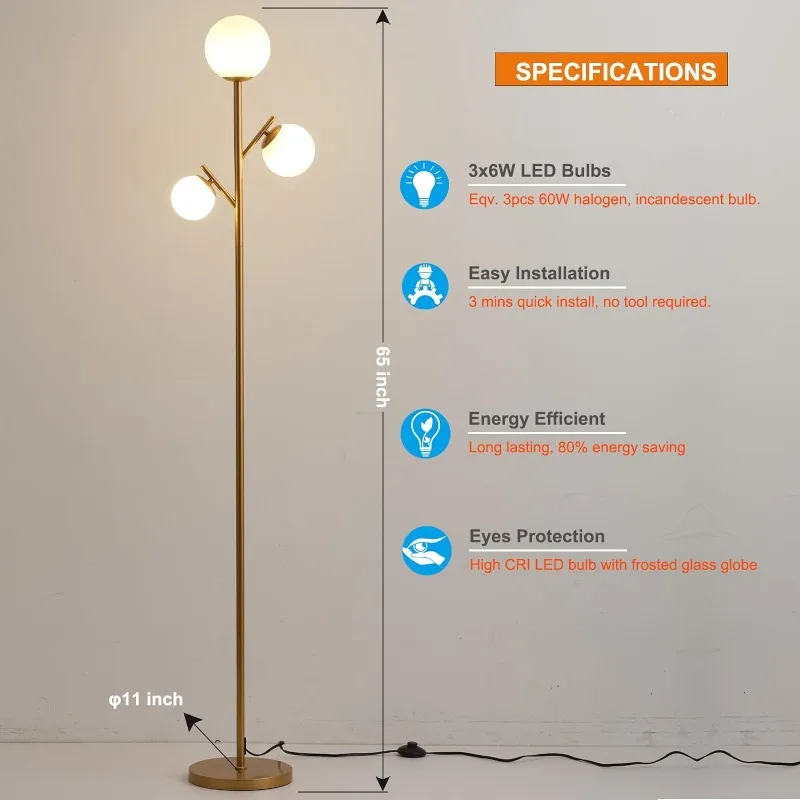 3 Globe Gold Mid Century Floor Lamp, Modern Standing Lamp with Frosted Glass Shade & 3pcs Warm White LED Bulbs