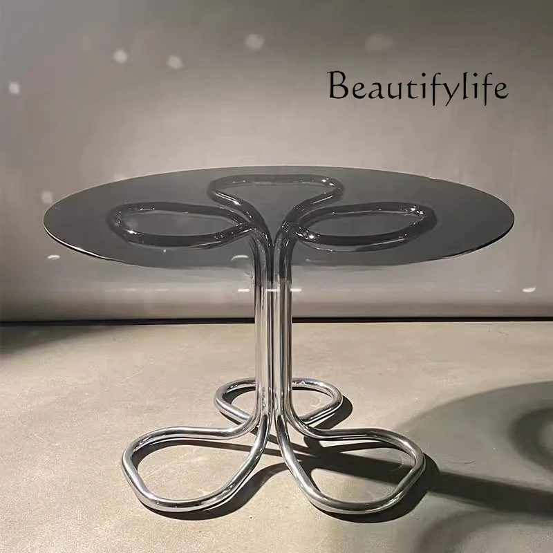 

Nordic simple designer glass dining table home living room guest table retro wrought iron dining table