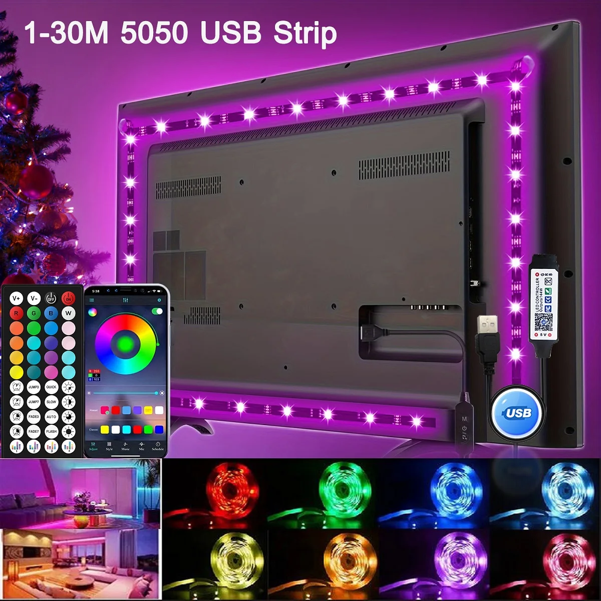 Bande lumineuse LED RGB flexible, USB, Bluetooth, rétroéclairage TV de bureau, ruban de lampe, diode RVB, 5V, 1m-30m, 5050