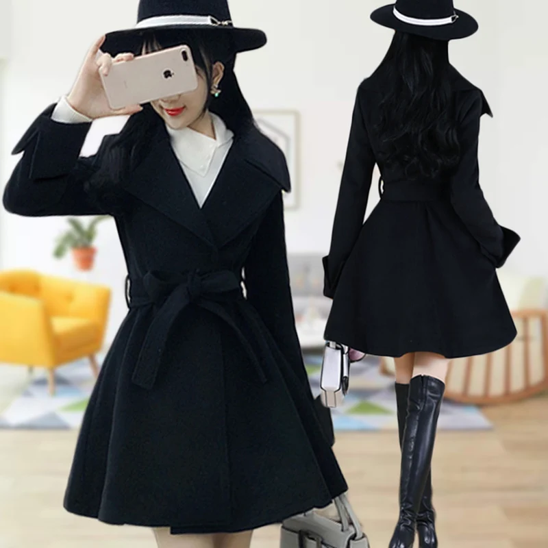 Mid-Length Woolen Coat Women's Autumn Winter Black Warm Jacket Korean Solid belt Outwear 2025 New Female Clothing Chic Wool Tops