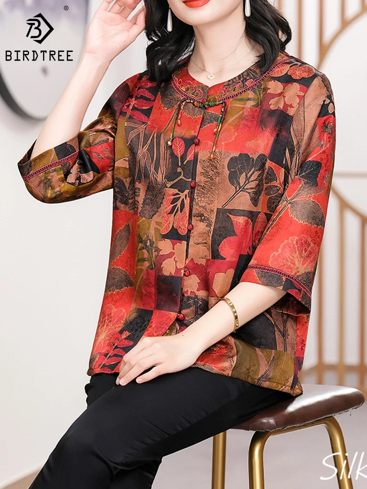 BirdTree 100%Real Silk XiangYunSha Shirt Women,Round Neck Three-quarter Sleeves,Slim Temperament Blouse,2024 Spring New T42351QD