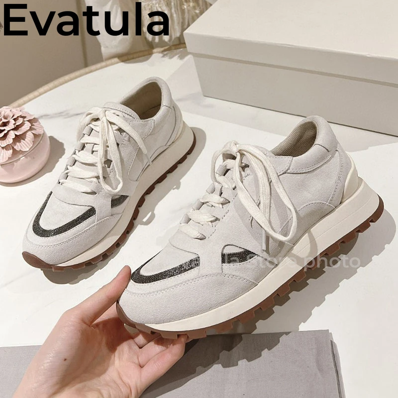 2024 Spring Suede Leather Lace Up Casual Sneakers Women Thick Sole String Bead Flat Shoes Comfort Running Shoes Tenis De Mujer