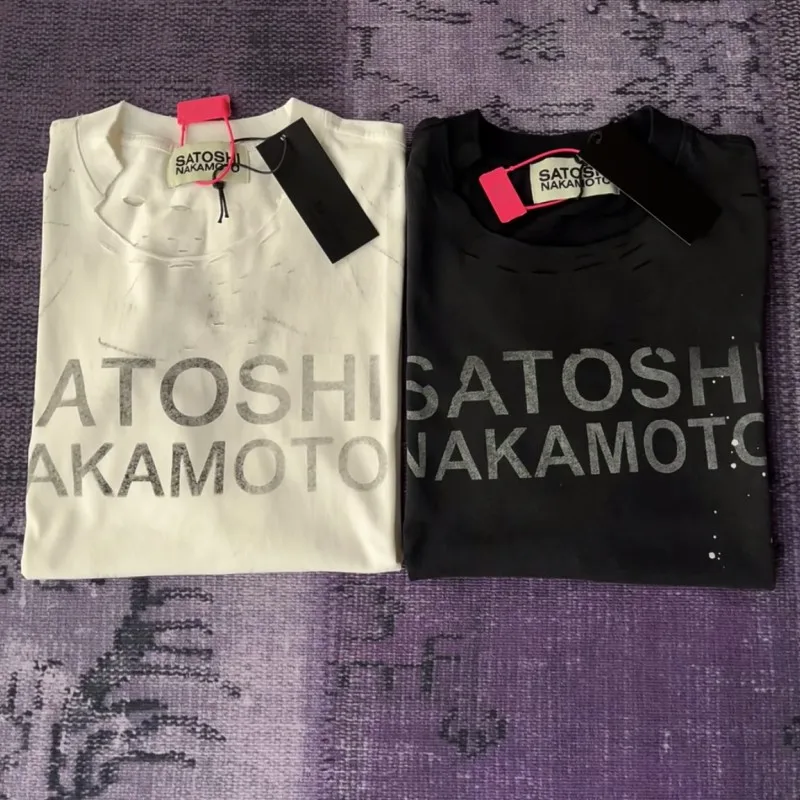 Black White Destroyed Collar SATOSHI Tshirts Washed Worn Splashed Ink Classic Letter Print Short Sleeve Oversized Men Women Tops