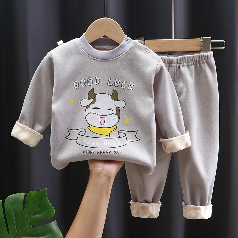 Autumn Winter Thick Warm Comfortable Kids Pyjamas Set Cartoon Padded Long Sleeve Soft Homewear Children Leisure O-Neck Sleepwear