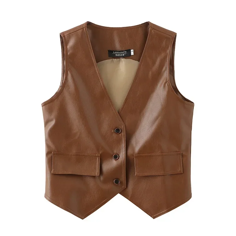 Brown Women Suits Vest 1 Piece Waistcoat PU Leather Formal Office Lady Business Work Wear Fashion Girl Coat Casual Vest