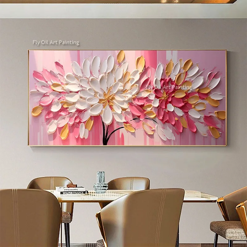 Yellow Golden Abstract Flowers Knife Thick Canvas Wall Art Handpainted Pink And Brown White Florals Oil Painting For Room Decor