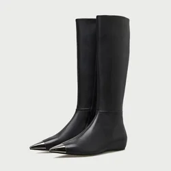 MKKHOU Fashion Knee-High Women Boots New Metal Pointed Toe Side Zipper Mid-Boots Flat All-Match Women Leather Boots High Boots