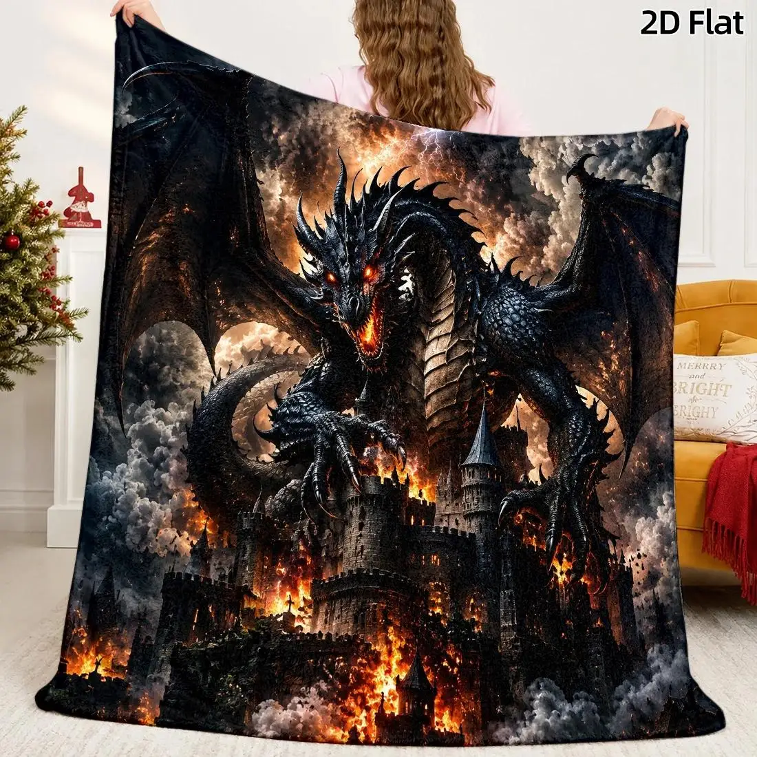 1pc 2D Flat Gothic Dragon & Castle Ruins Pattern Blanket, Dark Fantasy Oil Painting Fire Breathing Dragon Print