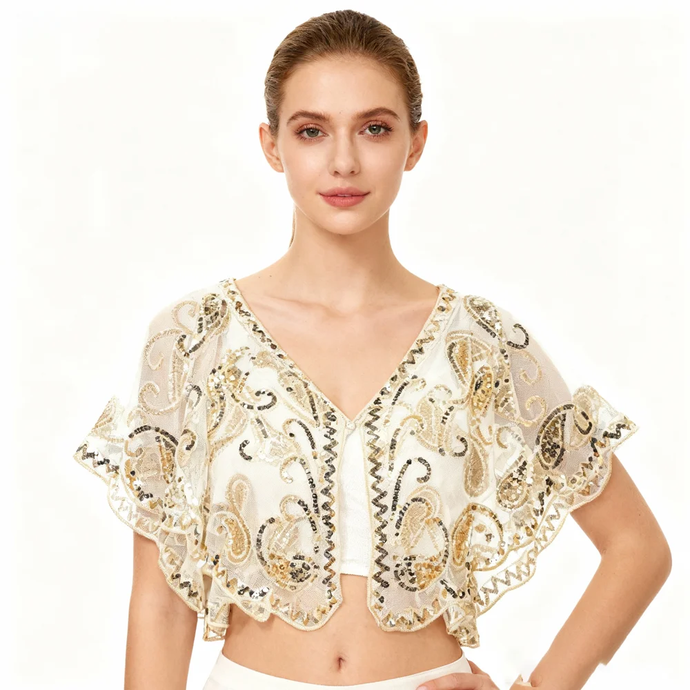 

PESENAR 1920-е годы, бежевая кружевная шаль с блестками для костюма-хлопушки и винтажный аксессуар в стиле Гэтсби