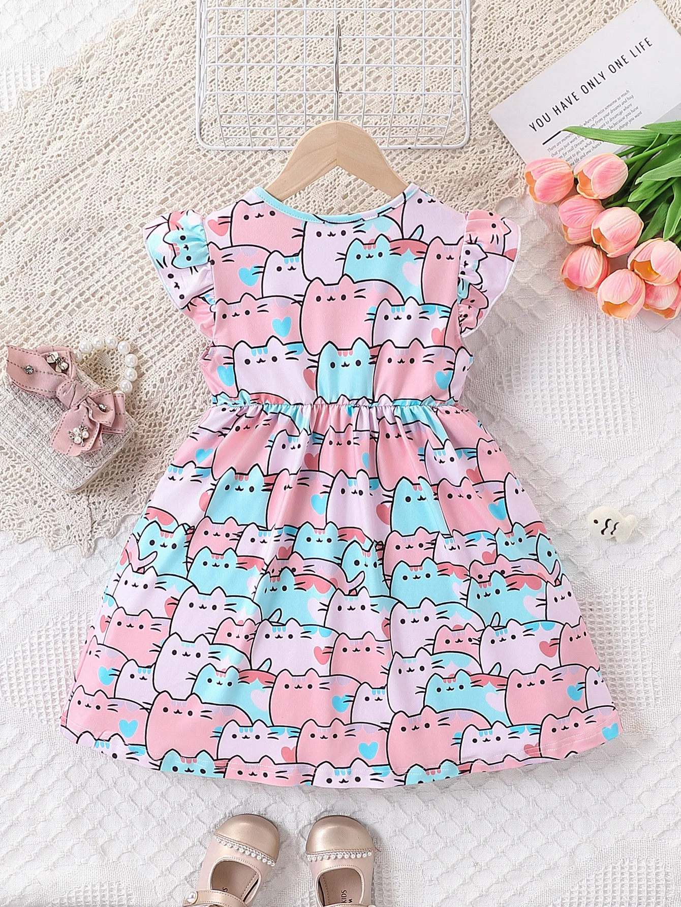 Girls' Summer Dress Casual Everyday Cat Print Flutter Sleeve Knee-Length Dress Little Girl Summer Comfortable Outdoor Clothing