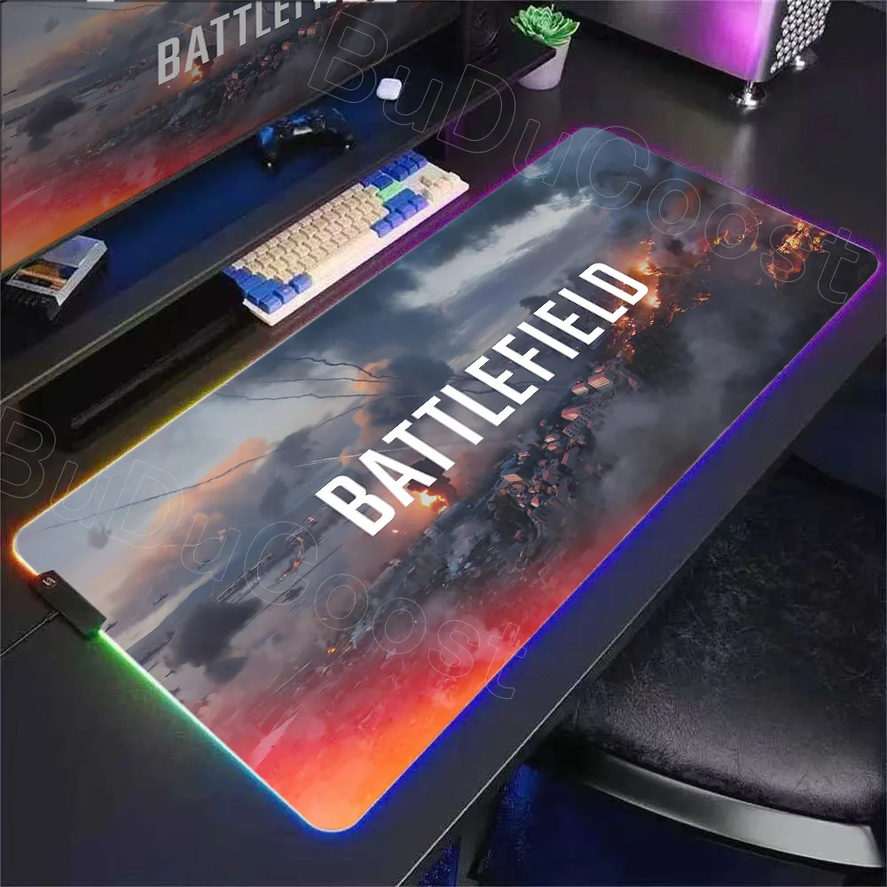 แผ่นรองเมาส์เกมเมอร์ RGB ใหม่ แบ็คไลท์ B-Battlefield 6 แผ่นรองเมาส์มีไฟ LED อุปกรณ์เสริมสำหรับเล่นเกม แผ่นรองเมาส์ขนาดใหญ่