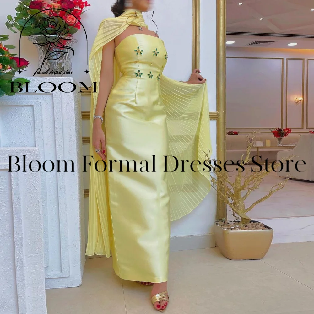 Bloom ที่กําหนดเองสีเหลือง Strapless ชุดราตรีคริสตัลลูกปัด Arabia จีบ Cape ชุดราตรีอย่างเป็นทางการชุดแต่งงาน