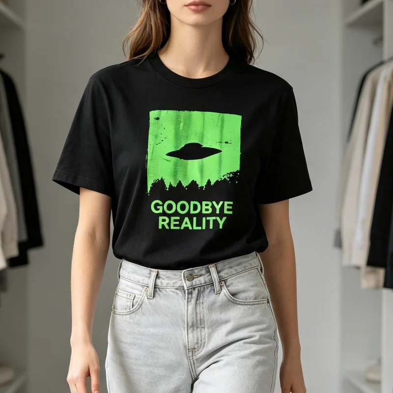 GOODBYE REALITY UFO T Shirt Green Alien Spaceship Casual Cotton Short Sleeve Tee Vintage Sci Fi Streetwear Top Unisex Fashion