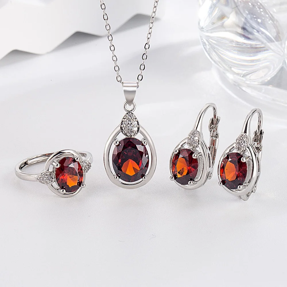Exquisites 925er Sterlingsilber, Rubin-Halskette, Ohrringe, Ring-Set für Damen, Verlobungsfeier, Schmuck