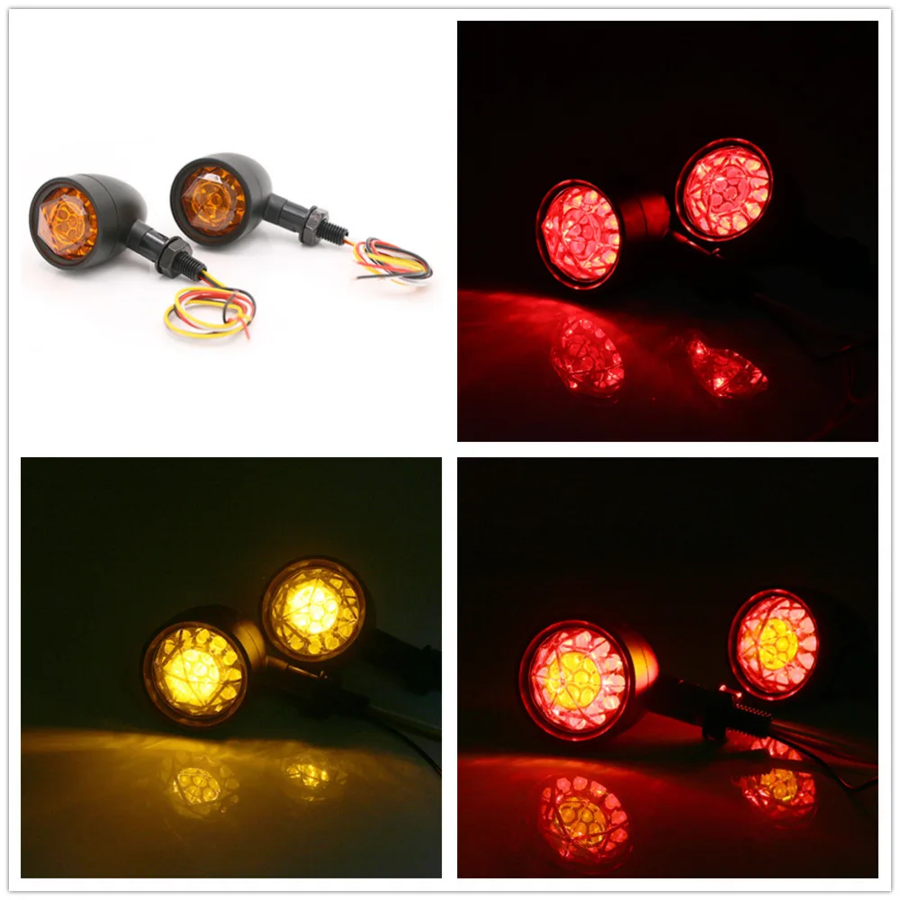 4 Wires Motorcycle Retro Bullet Diamond Lens LED Turn Signal Light Indicator Brake Lights Lamp for Bobber Chopper Dirt Bike