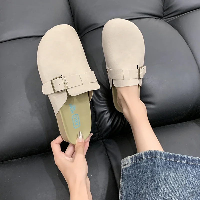 Women\'S Closed Toe Slippers Cow Suede Leather Clogs Woman Sandals Retro Fashion Garden Mule Clog Slide Casual Shoes Female