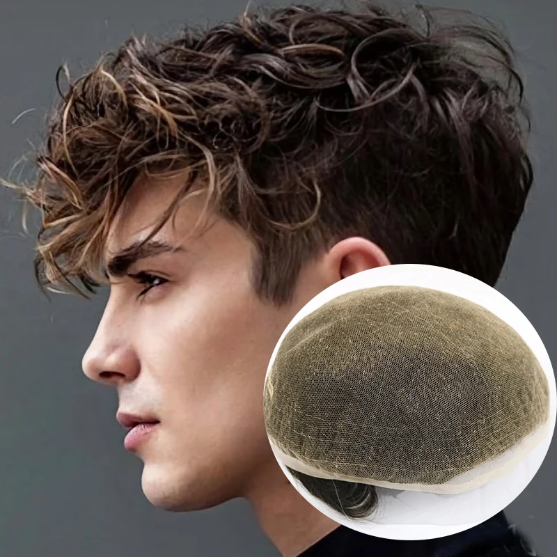 

Необнаружимые отбеленные узлы, дышащие 28 мм вьющиеся мужские полностью кружевные коричневые человеческие волосы, система протезов, прочный серый мужской парик-парик