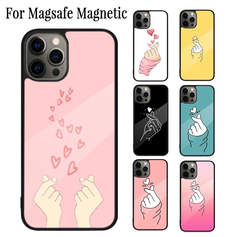 Kpop Hand Finger Heart Magnetic Phone Case Coque For iPhone 16 15 14 Plus 13 12 Mini 11 Pro Max Magsafe Wireless Charging Cover