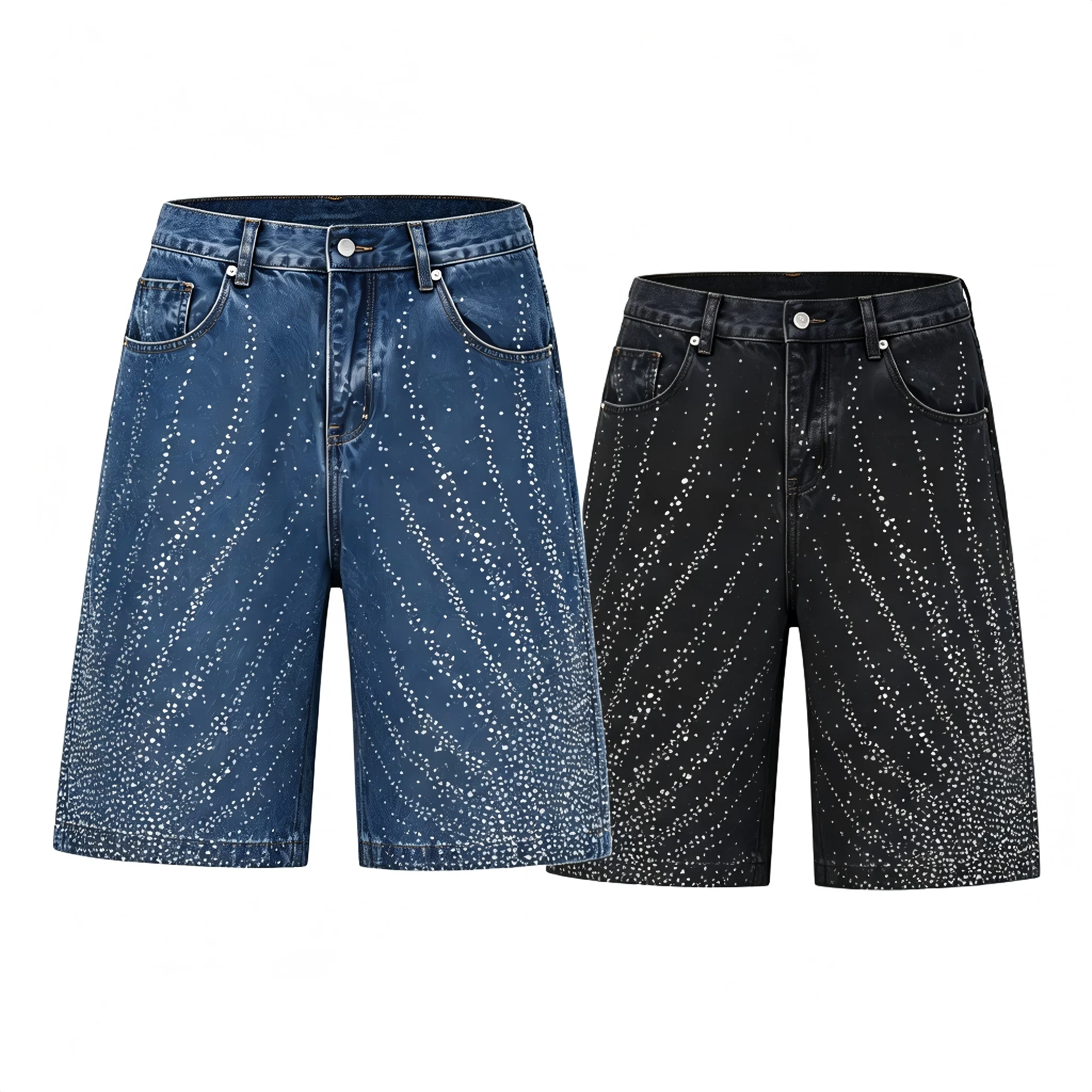 

Lost intricacy American street rap style with glittering diamond-patterned denim capri pants