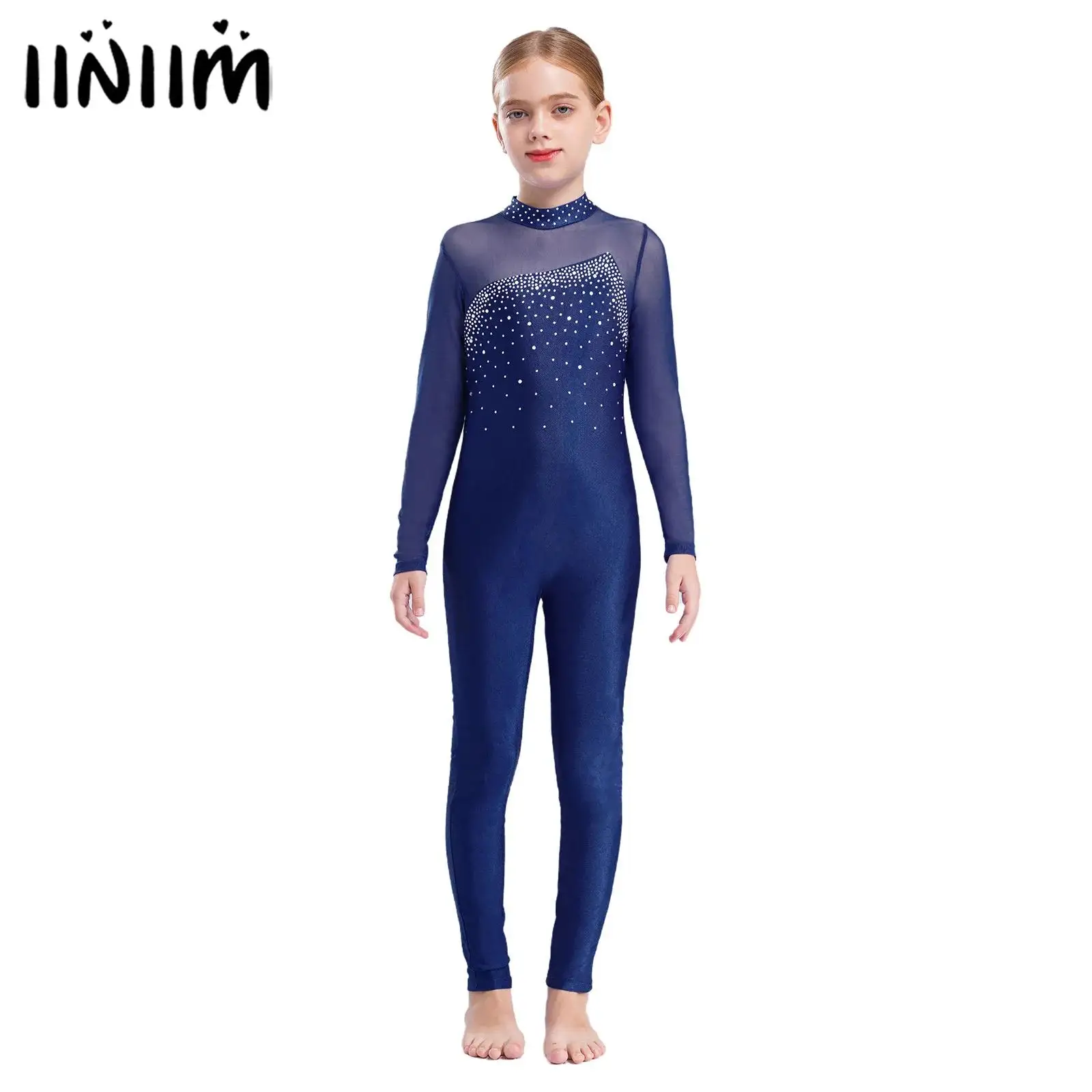 Maillot de Ballet para gimnasia, mono con diamantes de imitación brillantes, traje de cuerpo completo para patinaje artístico, leotardos de baile para niñas