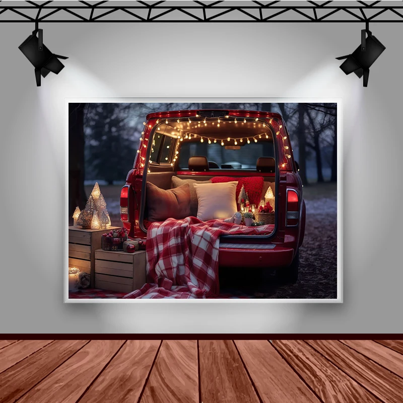 Mocsicka Winter Christmas Red Car Photography Background Gift Xmas Trees Family Kids Portrait Decor Backdrop Photo Studio Props