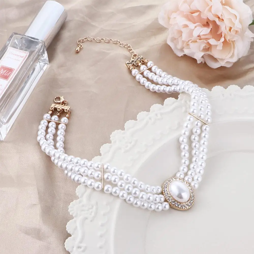 Luxury Baroque Alloy Triple Layer Temperament Pearl Rhinestones Women Necklace Korean Style Choker Jewelry Accessories