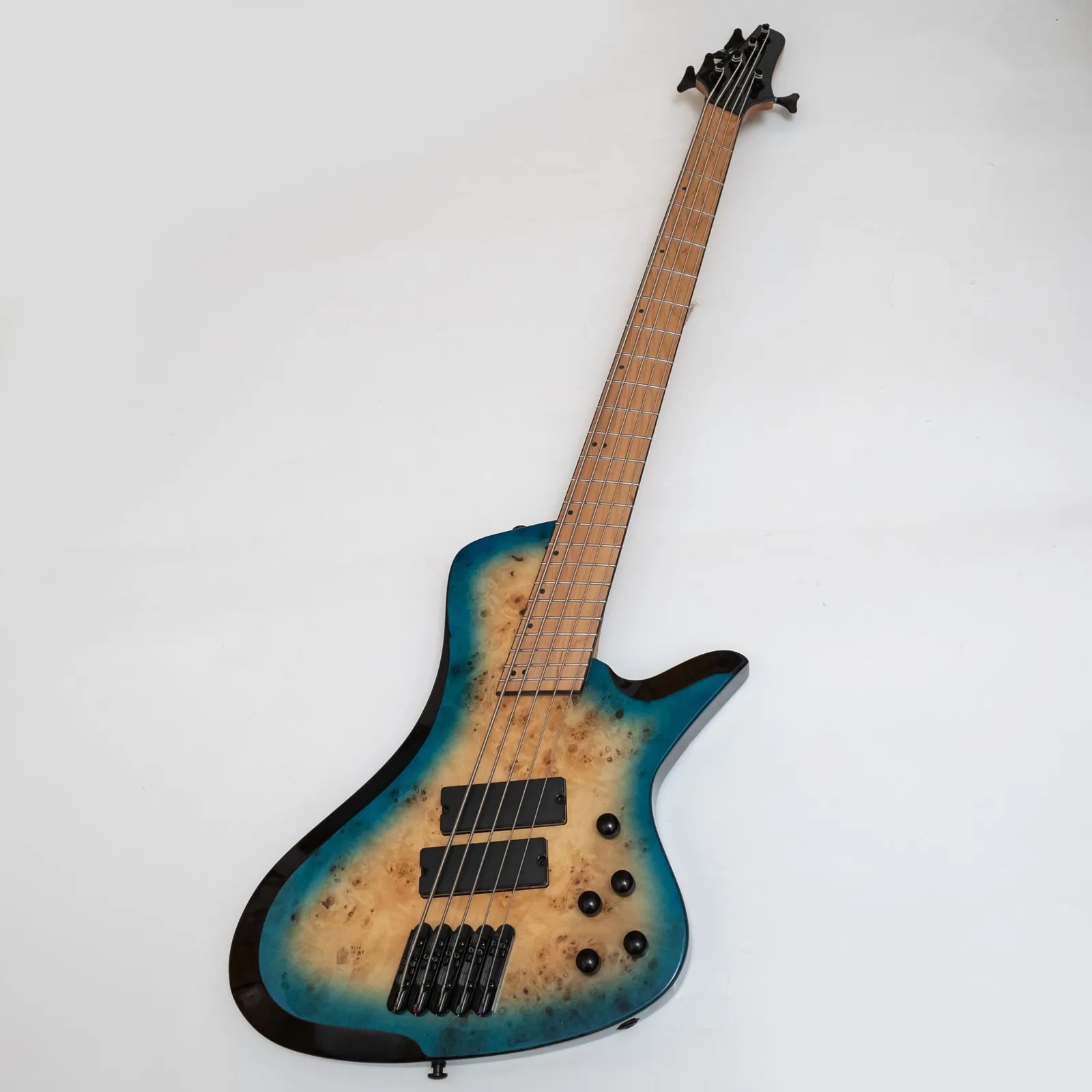 5 String Fanned Fret Electric Bass Guitar Roasted Maple Neck Blue Burl Burst Active Pickups