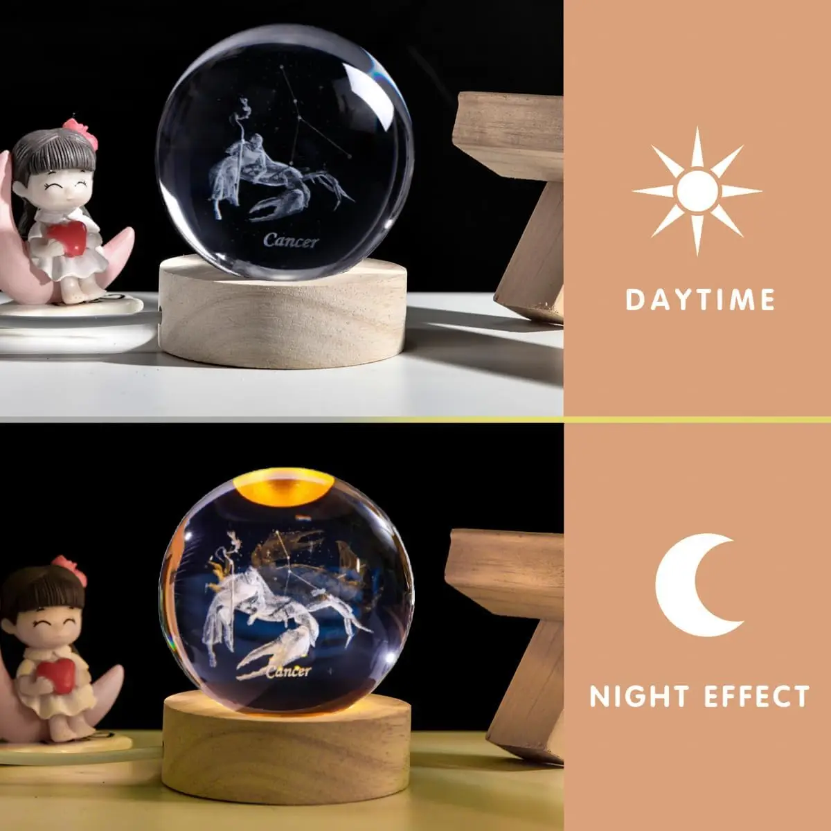 3D Cancer Constellation Crystal Ball with Wooden Light Base Glass Sphere Decorative Balls Paperweight Gift Home Decoration
