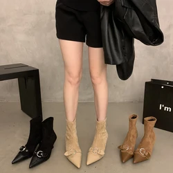 Vintage Women Slim Sock Ankle Boots Fashion Elegant Pointed Toe Shoes Autumn High Heel Women's Short Booties