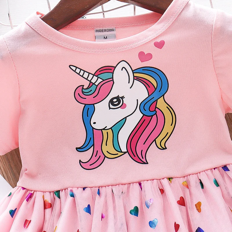 2024 Summer Baby Girls Cartoon Unicorn Dress Cotton Mesh Party Princess Dresses For 2-6 Years Children Kids Clothes