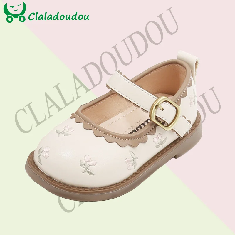 

Claladoudou Baby Girls Shoes For 2024 Spring Embroidered Flowers Ruffles Microfiber Leather Shoes For Kids Party Beige Brown