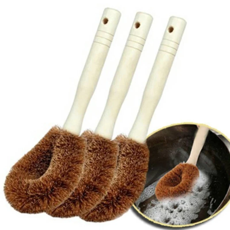 Household Coconut Fiber Non-stick Frying Pan Brush Long Handle Kitchen Cleaning Dish Brush Kitchen Accessories Cleaning Supplies