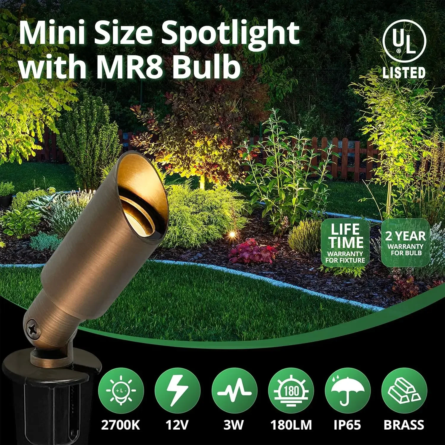 6 Pack Mini Size Brass Landscape Spotlight, Low Voltage 12V AC/DC Outdoor Directional Up Light, 180 LM, 3W MR8 LED Bulb ABS Grou