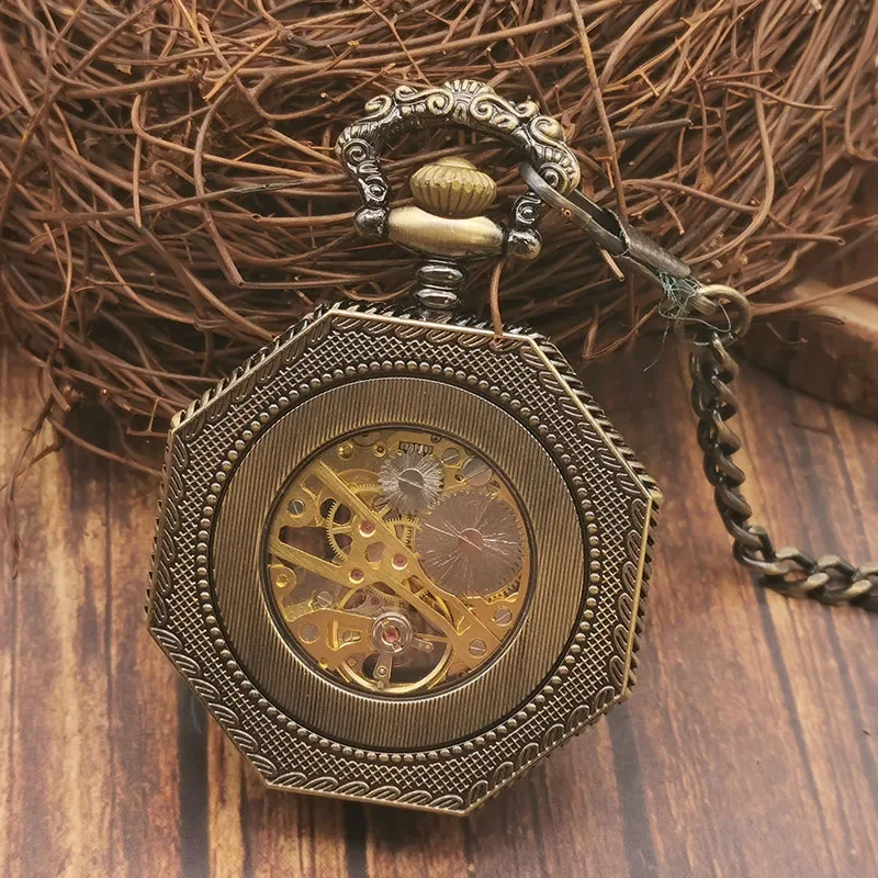 Men's Mechanical Pocket Watch Fashion Casual Hollow Unique Polygon Dial Hand Winding Mechanical Bracelet Watch