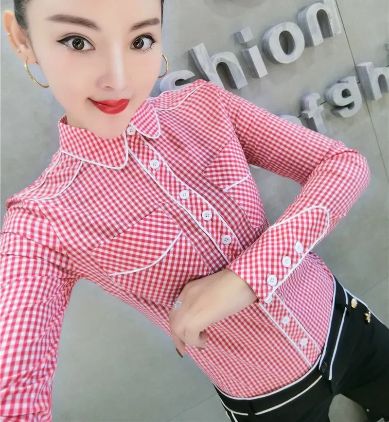 0 Autumn Long Sleeve Turn Down Collar Red Plaid Cotton Shirts Women Office Work OL Blue Plaid Shirts Lady Office Plaid Tops