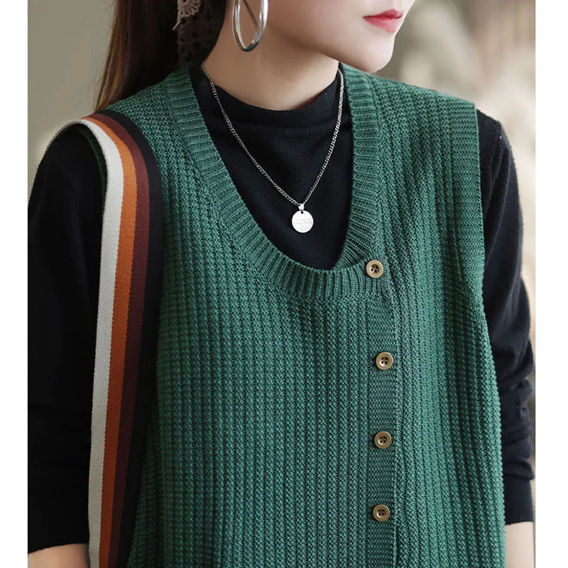 Streetwear Fashion Solid Vintage Sweater Vest Spring Autumn New Loose Women Knitted Cardigans O-Neck Casual Sleeveless Sweaters