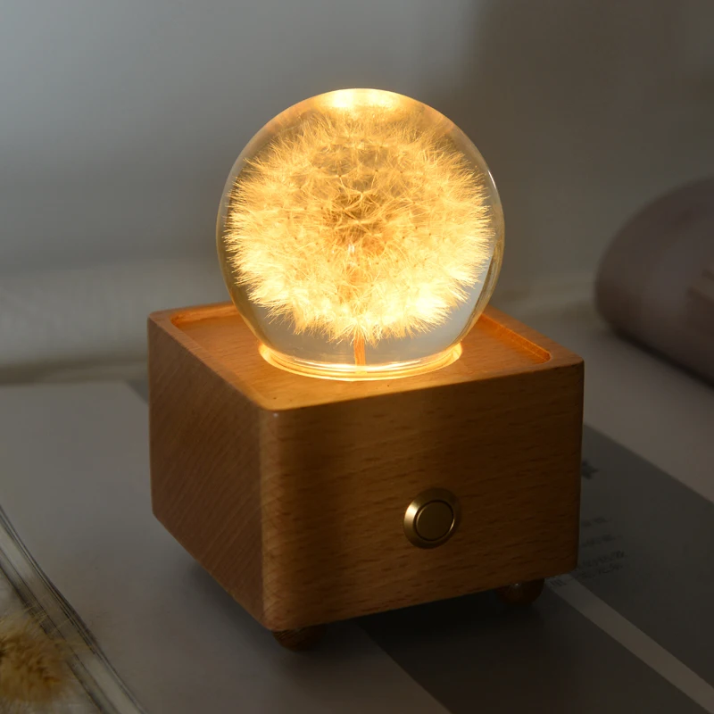 Wholesale price Portable gift Wireless Music Box Resin Crystal ball dry flowers inside night light wood box speakers light