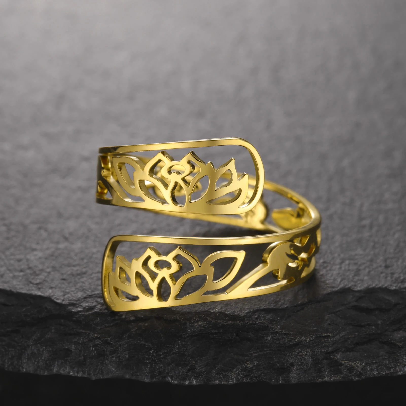 Fishhook Lotus Flower Finger Ring for Men Woman Kid Child Resized Gold Color Stainless Steel Jewelry Gift Supernatural Amulet