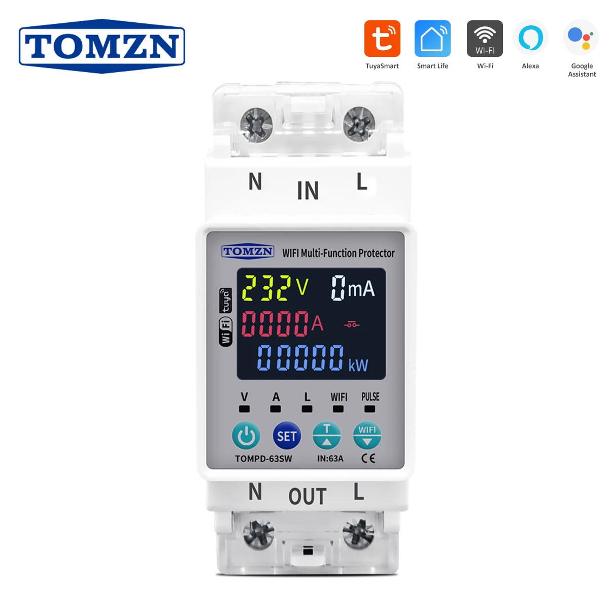 TOMZN 63A 110V 230V  WIFI Smart Switch smartlife Kwh Metering Circuit Breaker Timer with voltage current and leakage protection