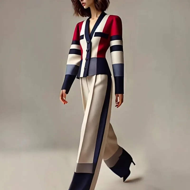 Women's Elegant 2 Piece Set Color Block V-Neck Blazer Top+High Waist Wide Leg Pants 2026 Autumn Outfit Luxury Formal Suit Office